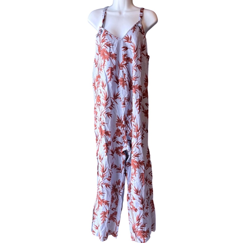 HATCH Linen Floral Jumpsuit Size Large  Light Blue‎ Rust Wide Leg Maternity NWOT